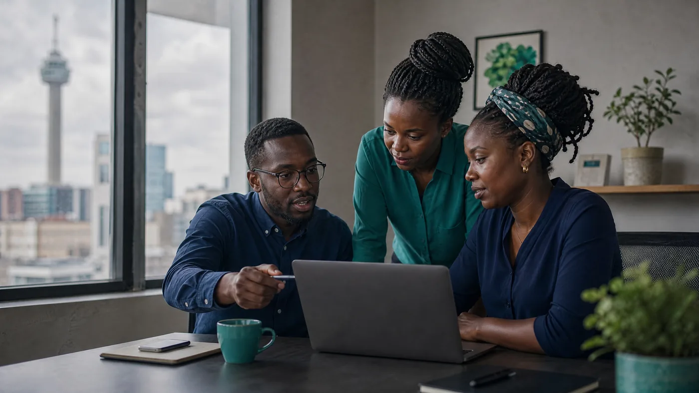 Three colleagues working together at a laptop in a Nairobi office