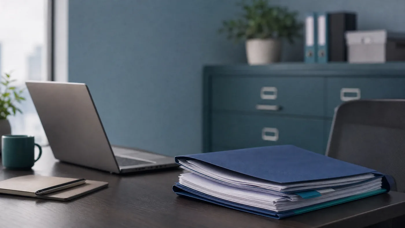A compliance folder of documents on a desk beside a laptop
