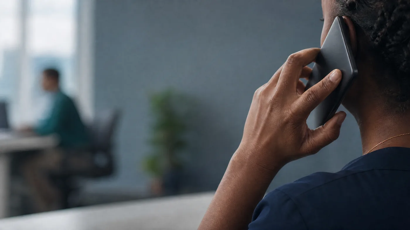 A man holding a mobile phone to his ear in an office