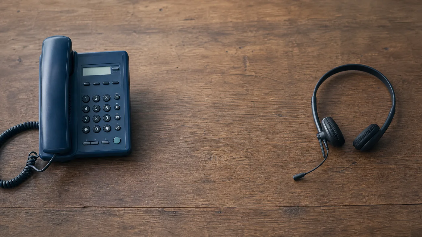 An old desk telephone and a modern headset side by side
