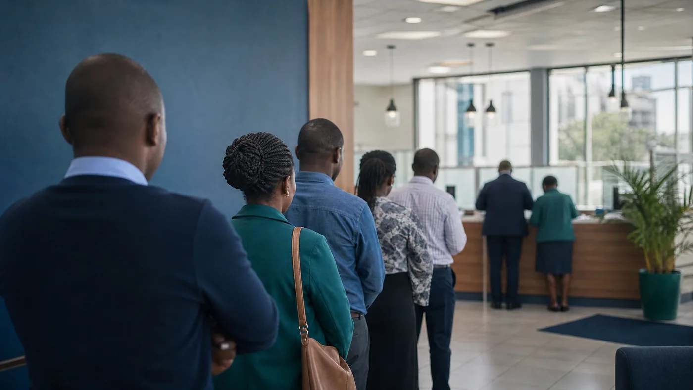 People queuing at a bank counter in Kenya